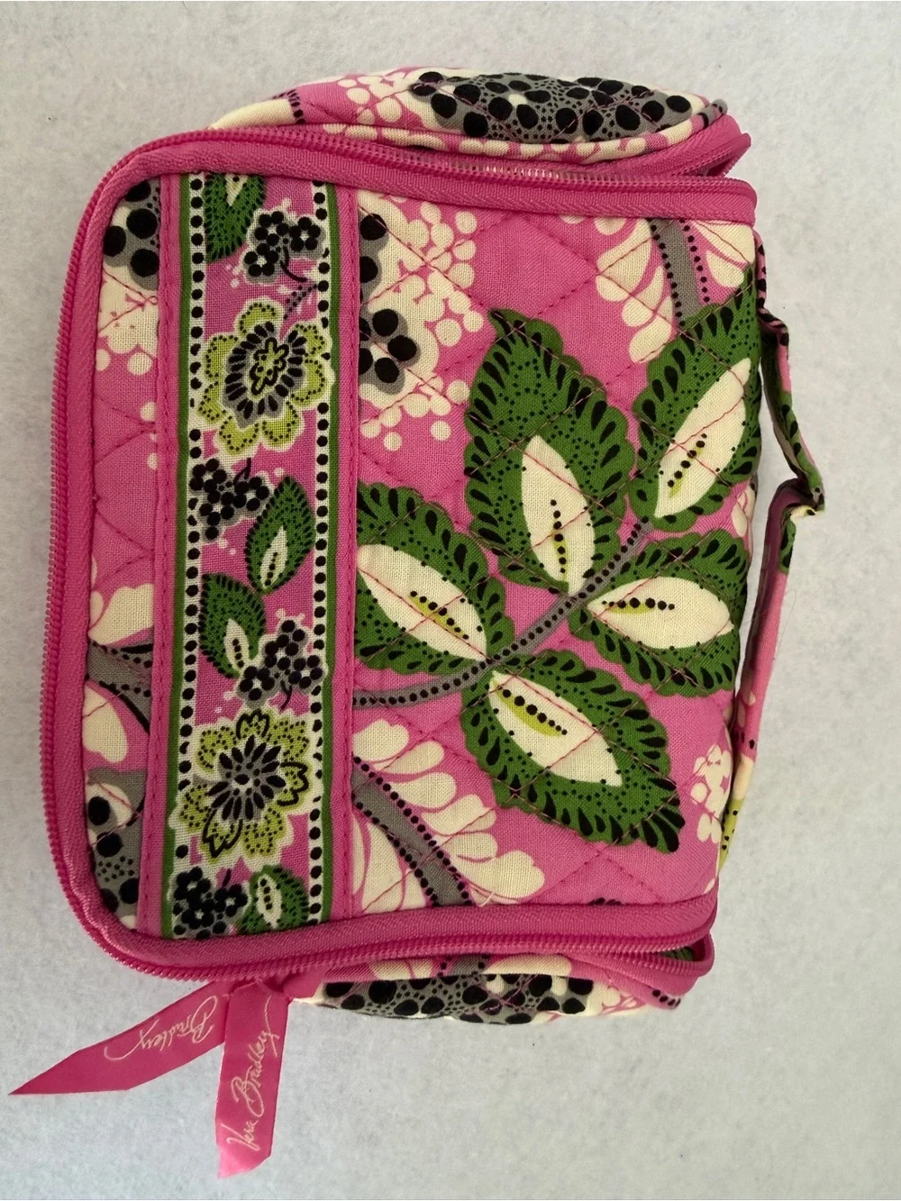 Vera Bradley Pink Quilted Floral Cosmetic Case with Green Leaves